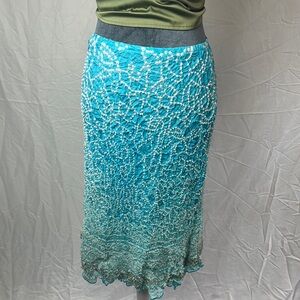 100% Silk Blue Bohemian Midi Skirt by Chaudry KC, Size Medium NWT